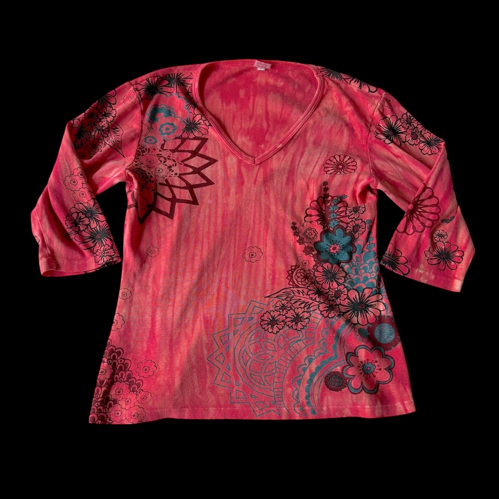 Y2K Glima Petite Pink Tie Dye Floral Fairy V-Neck 3/4 Sleeve Top L Indie Sleeze